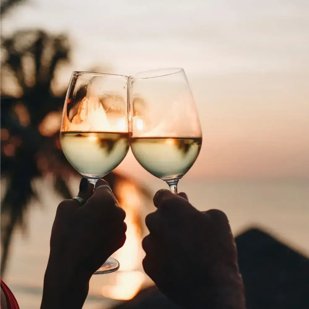 Two glasses raised for a sunset toast