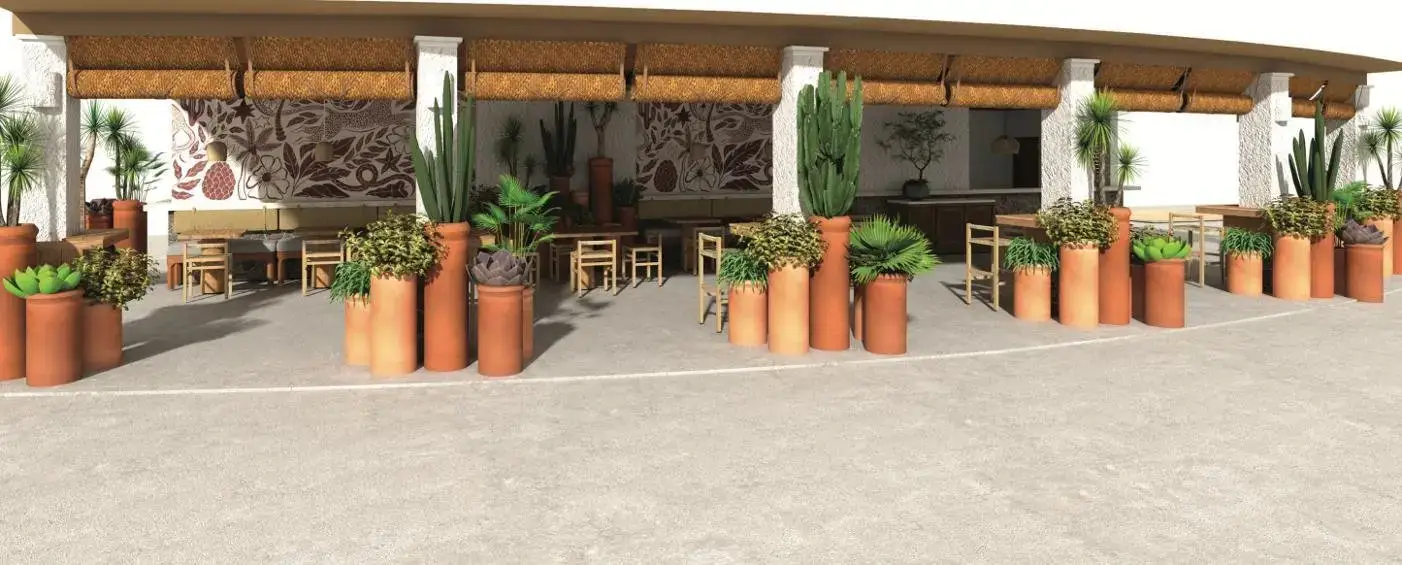 Flava’s open-air terrace with tropical plants